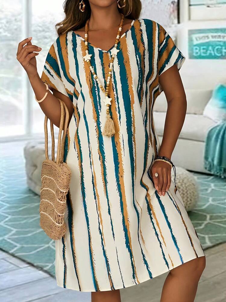 Plus Size Casual Vacation Contrast Striped Batwing Sleeve Midi Dress,Vacation Outfits Woman Summer Outfits For Women Office Wear, Vacation Outfits Woman Summer Outfits For Women Festival BohosBoho,Holiday Outfit