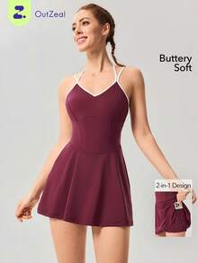 OutZeal Tennis Dress Women Active Dress Summer Spring Sports Gym 4-Way Stretch Buttery Soft Bra-In Built-In Shorts - Burgundy - View 1