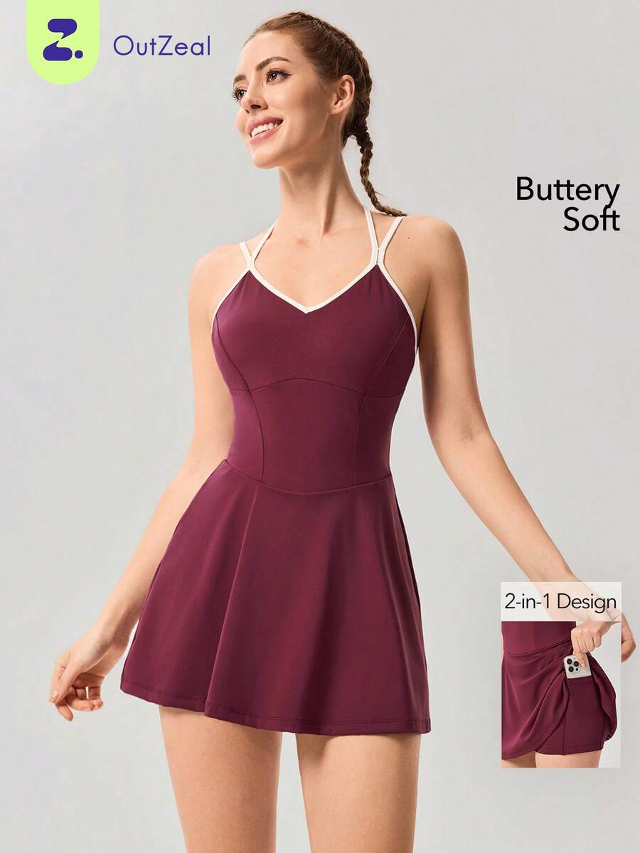 OutZeal Tennis Dress Women Active Dress Summer Spring Sports Gym 4-Way Stretch Buttery Soft Bra-In Built-In Shorts - Burgundy - View 1