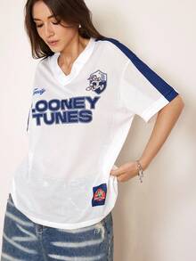 LOONEY TUNES X SHEIN Áo thun nữ thời trang xuyên thấu, chất liệu lưới, in chữ, cổ chữ V, tay ngắn. - trắng - Xem 2