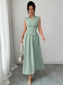 SHEIN Elenzya 女士春夏翻领收腰纯色纹理面料A字长连衣裙，适合通勤、外出等场合 - 灰綠 - 查看 4