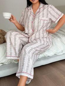 Napfluff CURVE Napfluff CURVE Loose Fit Slimming Vertical Striped & Ditsy Floral Lapel Sleepwear Set, Plus Size - Coral Pink - View 6