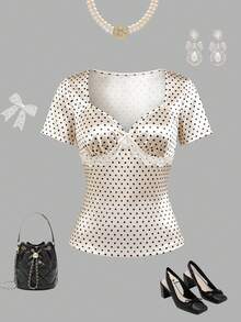 GlowEve Beige,Summer,Elegant,Date,Polka Dot Print Satin Beaded Collar,Front Delicate Butterfly & Lace Trim Waist Fitted Short Sleeve Knit T-Shirt For Women - Multicolor - View 3