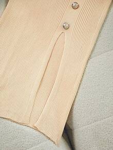 Franclia Women's Elegant Fitted Round Neck Short Sleeve Slit Decorative Button Knit Dress, Summer - Khaki - View 7