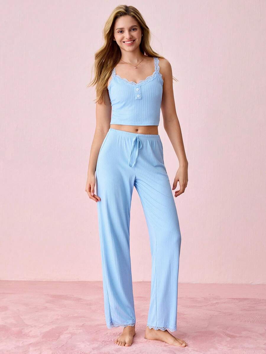 Bonmuse Lace Trim Button Detail Knot Front PJ Set / Pajama Setfor Summer - Baby Blue - View 1