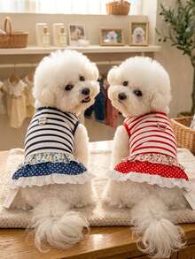 狗狗服装、猫咪服装、动物裙装、宠物春夏新品系列、幼犬连衣裙、公主风百搭连衣裙、条纹印花、小型动物服装、清凉防晒霜 - 彩色 - 查看 4