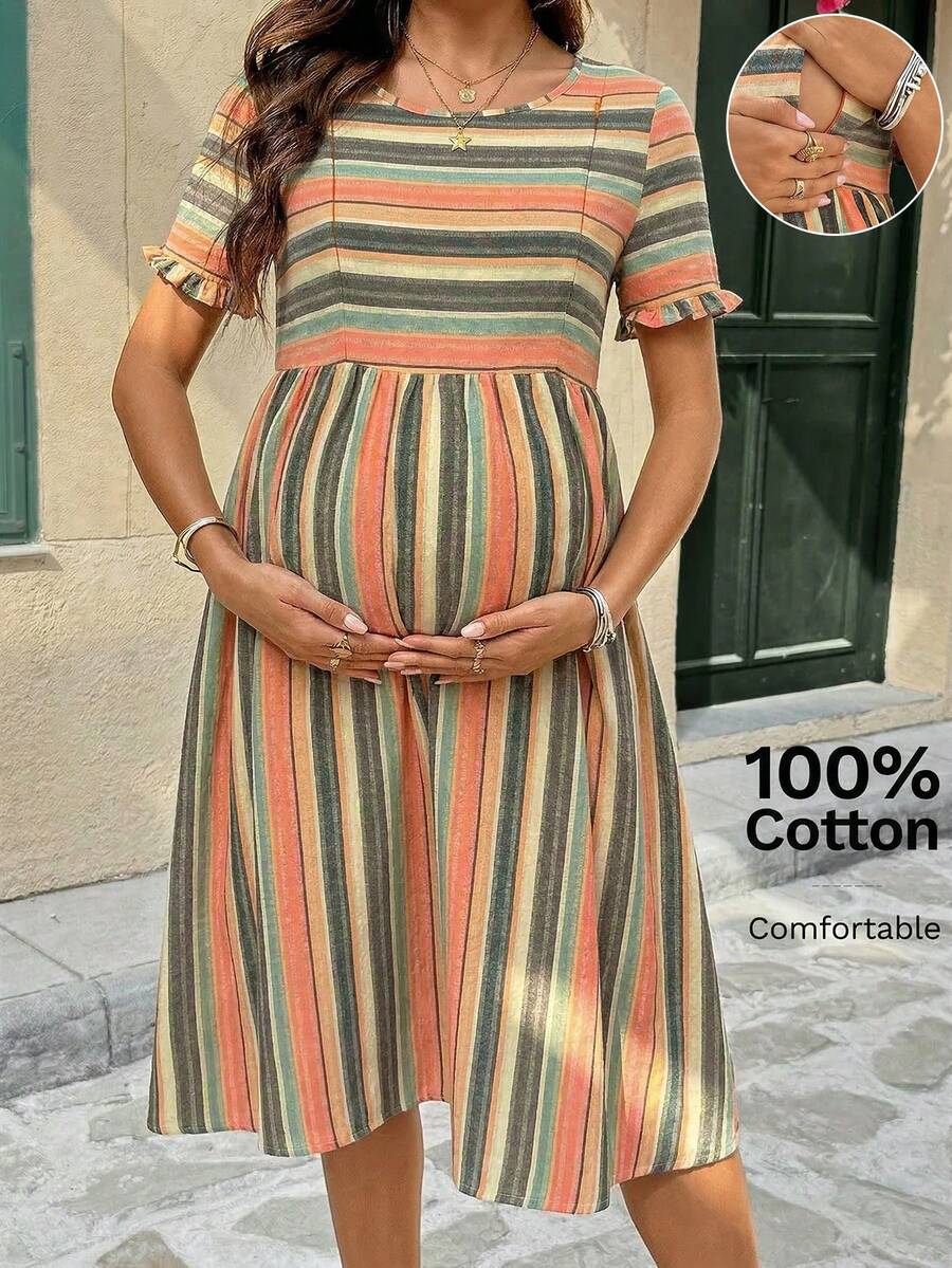 SHEIN 孕妇圆领哺乳休闲连衣裙,适合派对和外出 - 彩色 - 查看 1