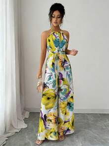 Elenzga Bộ jumpsuit nữ thanh lịch không tay, dây mảnh, xếp ly, thắt eo, họa tiết hoa. - Nhiều màu - Xem 4