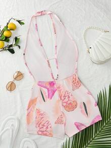 SHEIN Holidaya Bộ jumpsuit in họa tiết cổ chữ V gợi cảm, kiểu yếm, thích hợp cho kỳ nghỉ biển. - Hồng - Xem 2
