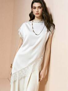 Arave 女士白色衬衫，珠地布面料，优雅纯色蕾丝拼接不对称下摆上衣，适合约会、夏季穿着，女士夏季上衣 - 白色 - 查看 3