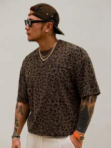 DAZY Camiseta de manga corta con estampado de leopardo para hombre, multicolor, para verano - Marrón - Ver 4