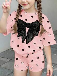 少女夏季休闲度假通勤甜美可爱蝴蝶结亮片网纱拼接落肩宽松T恤短裤套装 - 白色 - 查看 2
