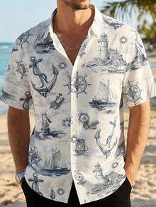 VIVINTIMO Plus Size Men's Anchor & Nautical Print Casual Shirt, Suitable For Daily Wear, Vacation And Travel, Holiday - Multicolor - View 1