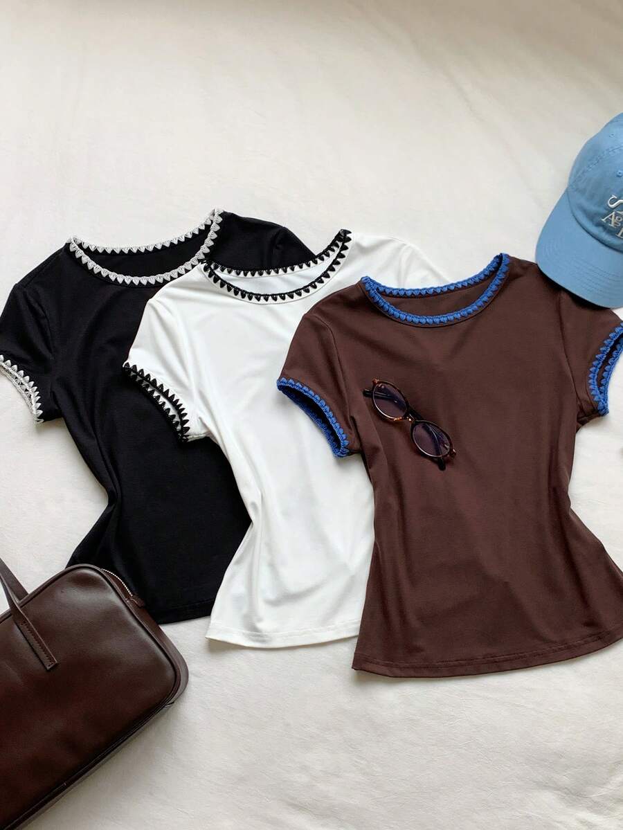 Comfortcana 3pcs Women Summer Casual Vacation & Commute Contrast Trim Cap Sleeve T-Shirt Set - Multicolor - View 1