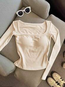 Resyla Women's Solid Color Padded Square Neck Long Sleeve Casual T-Shirt - Apricot - View 3