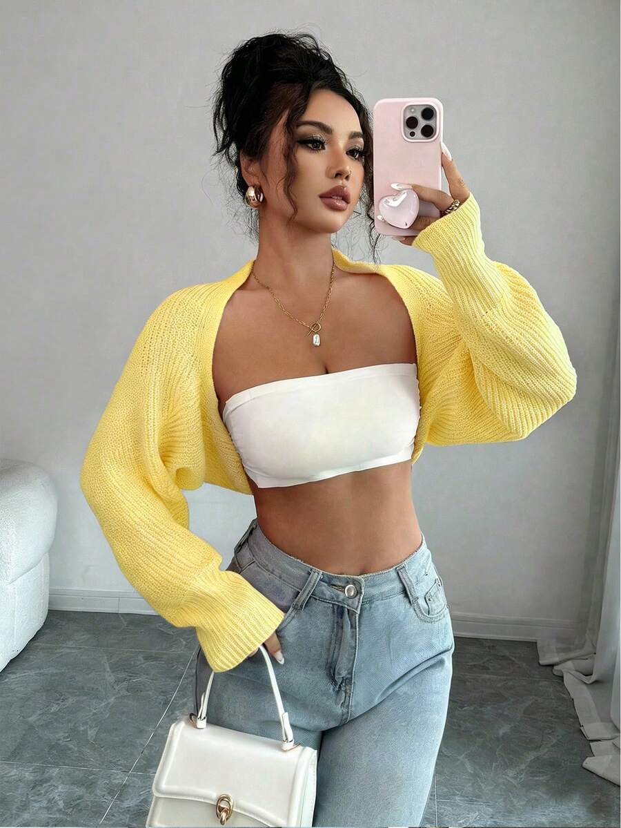 Rafferiza Women's Fashion Solid Color Cropped Open Front Bolero Shrug - Light Yellow - View 1