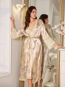 Lace Patchwork Faux Silk Floral Print Camisole Sleep Dress And Belted Robe Set Silk Night Gown Satin Sleepwear Pajama Set , Fall Winter Clothes - Multicolor - View 7
