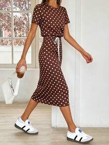 Pariaura Striped Tie-Up Midi Casual Dress For Women Pulka Dot Dress Brown Spot Dress Retro Dresses For Woman New Arrival Dress For Women Casual Retro Outfit For Women - Brown - View 4