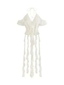 ROMWE Avant Blusa sexy con volantes y escote transparente, estilo vacacional - Blanco - Ver 5