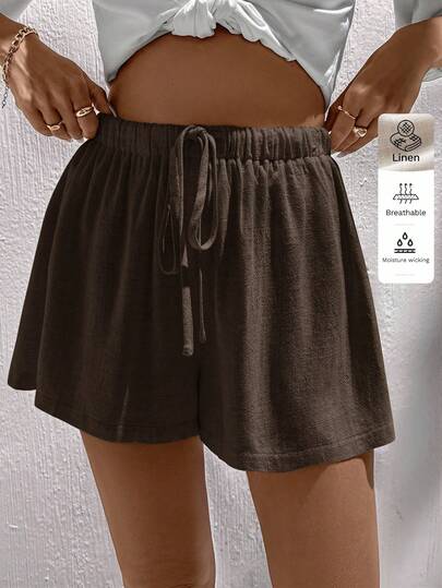 SHEIN X Scot Louie Easowa Linen Casual Women Shorts, Suitable For Spring/Summer Women Shorts Summer Linen Shorts Brown Shorts Women Comfy Shorts Loose Shorts