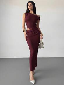 Firerie Đầm bó vai lệch vai nhún bèo gợi cảm, thời trang tối giản thanh lịch dành cho nữ, đi chơi ngoài trời, đi nghỉ, lễ hội âm nhạc, màu mơ - Màu Đỏ Sâu - Xem 9