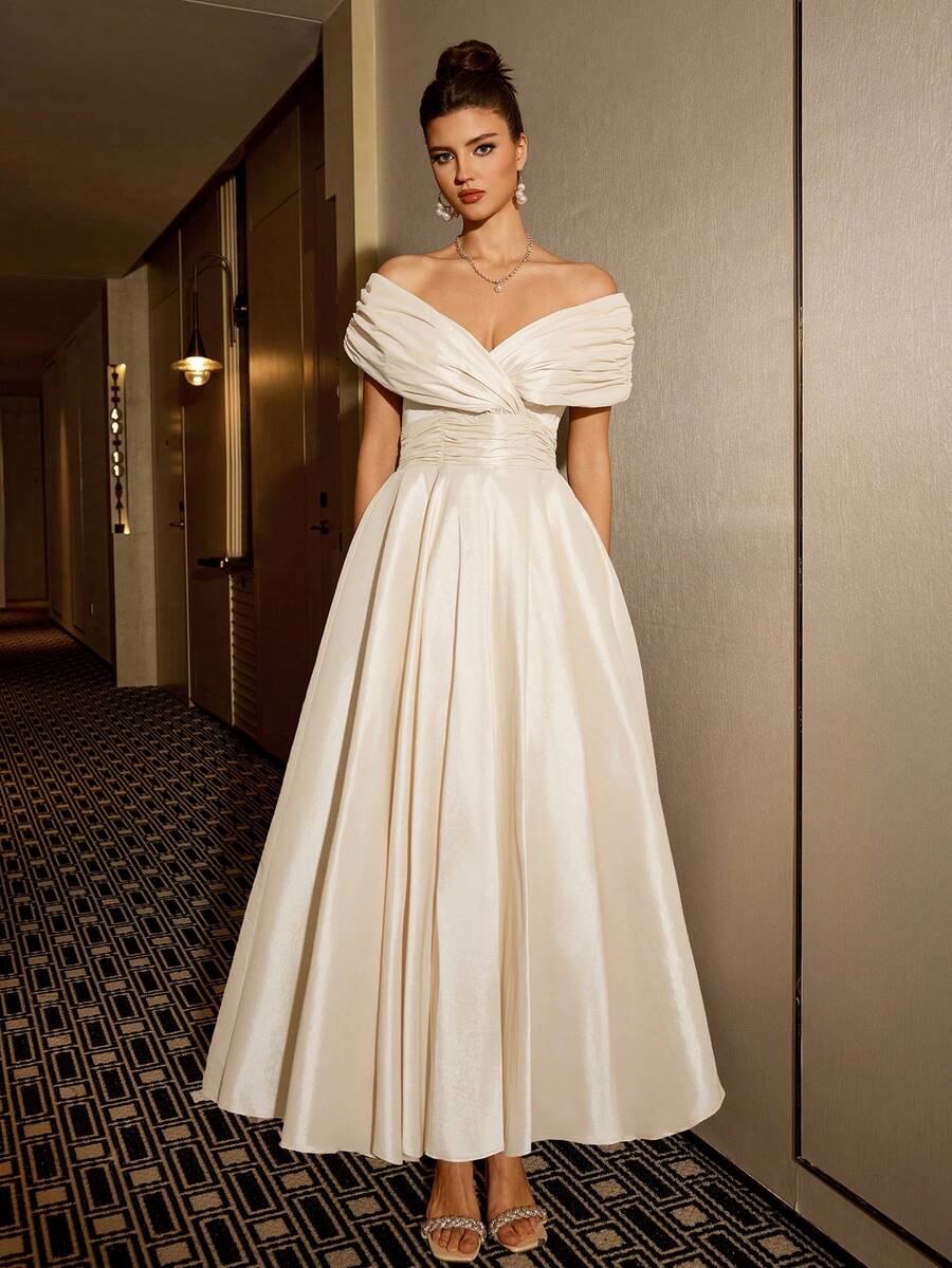 Poshira Elegant Shimmering Satin Off-The-Shoulder Backless A-Line Ball Gown, Glamorous Wedding Birthday Party Prom Dress