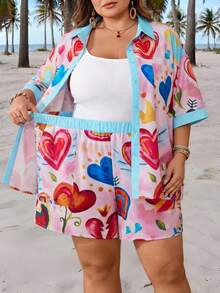 SHEIN CURVE+ 2026新款大码女式两件套印花度假衬衫和短裤，女士度假服装/沙滩装/海滩装/海滩度假装/海滩必备/毕业典礼/下午茶派对装，两件套夏季服装/乡村/海滩度假装/沙滩装 - 彩色 - 查看 4