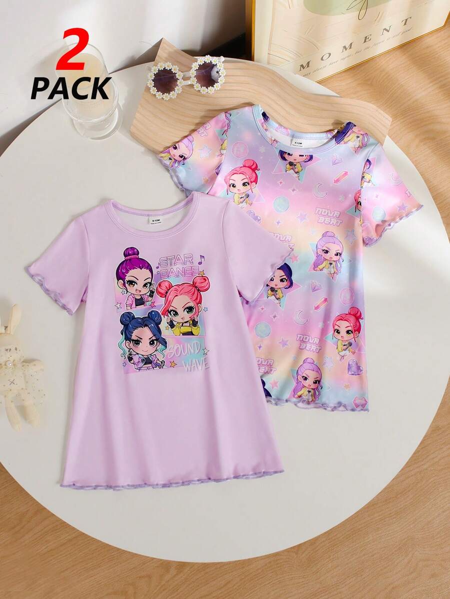 Genkimix Kids 2件套女婴可爱女孩团体扎染全印花袖口及下摆滚边睡衣套装，紫色 - 淡紫色 - 查看 1