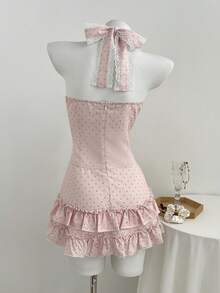 Elamini Váy xòe chữ A, cổ chữ V, phối ren chấm bi, thắt nơ ngọt ngào, cổ buộc nơ, eo thon. - Hồng - Xem 2