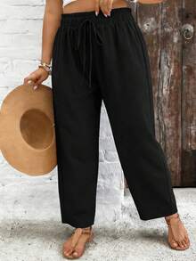 SHEIN VCAY Plus-Size Women's Black Loose-Fitting Striped Casual Pants, With A Drawstring Waist And Ruffled Hem. - Black - View 5