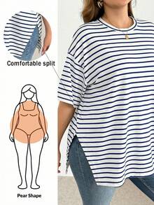 Shapeblank 大码女装春夏时尚休闲宽松舒适日常百搭黑白条纹短袖超宽松T恤，夏季穿搭，超大款上衣，简约风格，工作上衣 - 藍白色 - 查看 1