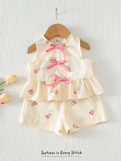 Cozy Pixies 女婴碎花印花撞色蝴蝶结装饰无袖上衣和松紧腰短裤两件套