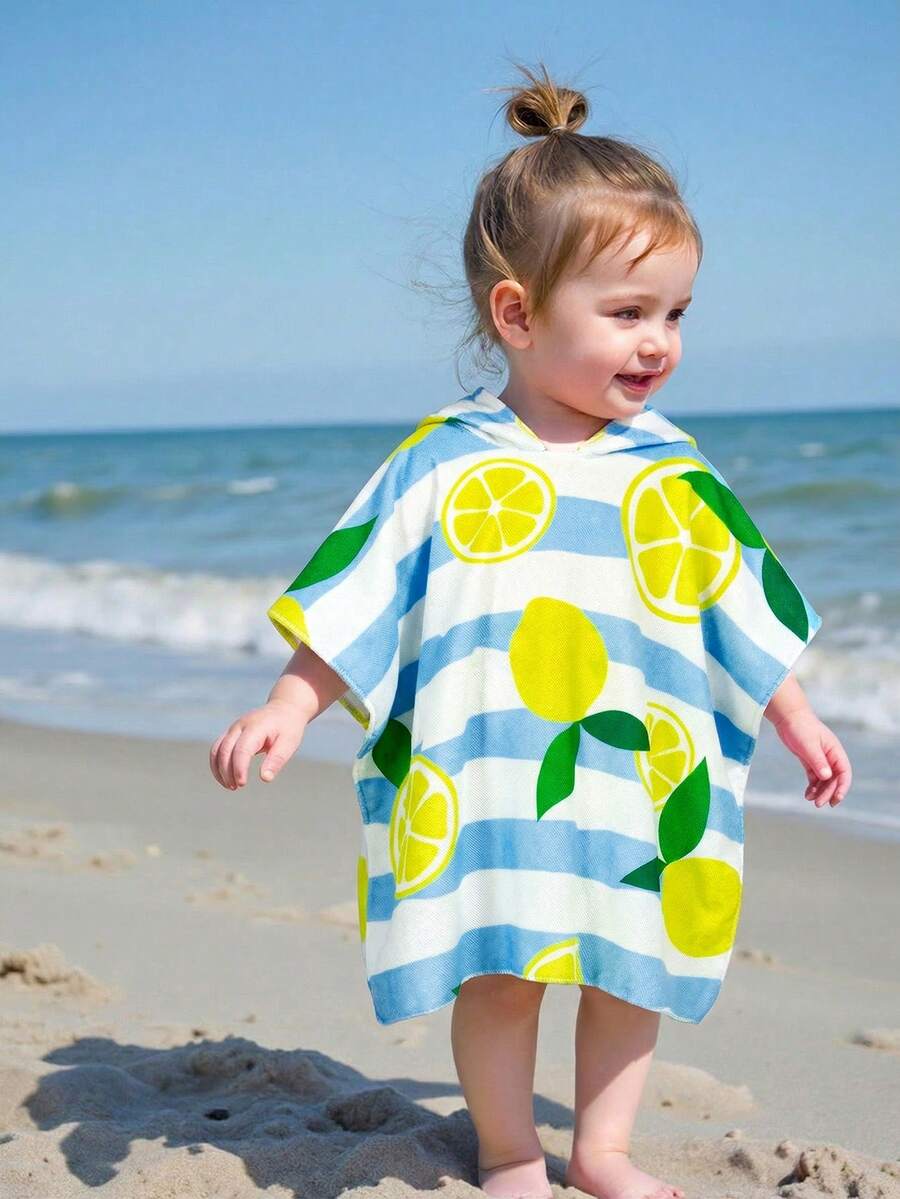 SHEIN Bộ đồ bơi có mũ trùm đầu in hình chanh sọc cho bé gái, thích hợp cho kỳ nghỉ hè ở bãi biển. - Nhiều màu - Xem 1