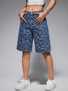Jeanoix Women's Casual Streetwear Everyday Denim Shorts With Pockets And Button Closure Light Blue Floral Summer - Blue - View 5
