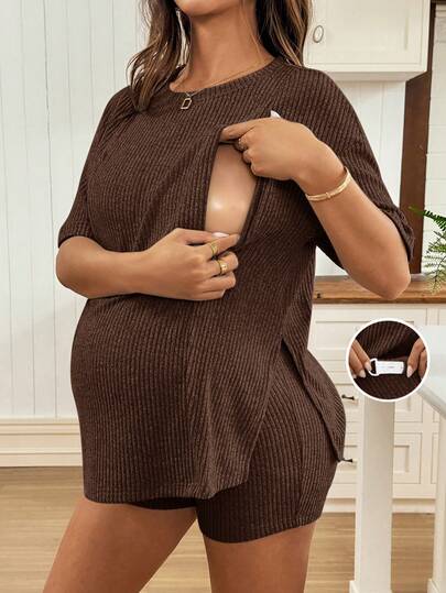 SHEIN Bộ đồ bầu 2 món: Áo cho con bú cổ tròn màu trơn và quần short thường ngày có thể điều chỉnh eo.