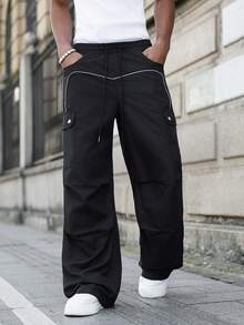Manfinity EMRG Men's Loose Reflective Multi-Pocket Drawstring Cargo Pants - Black - View 1