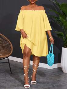 Slaydiva Plus Size Women's Off-Shoulder Elegant Commute & Vacation A-Line Dress - Light Yellow - View 4