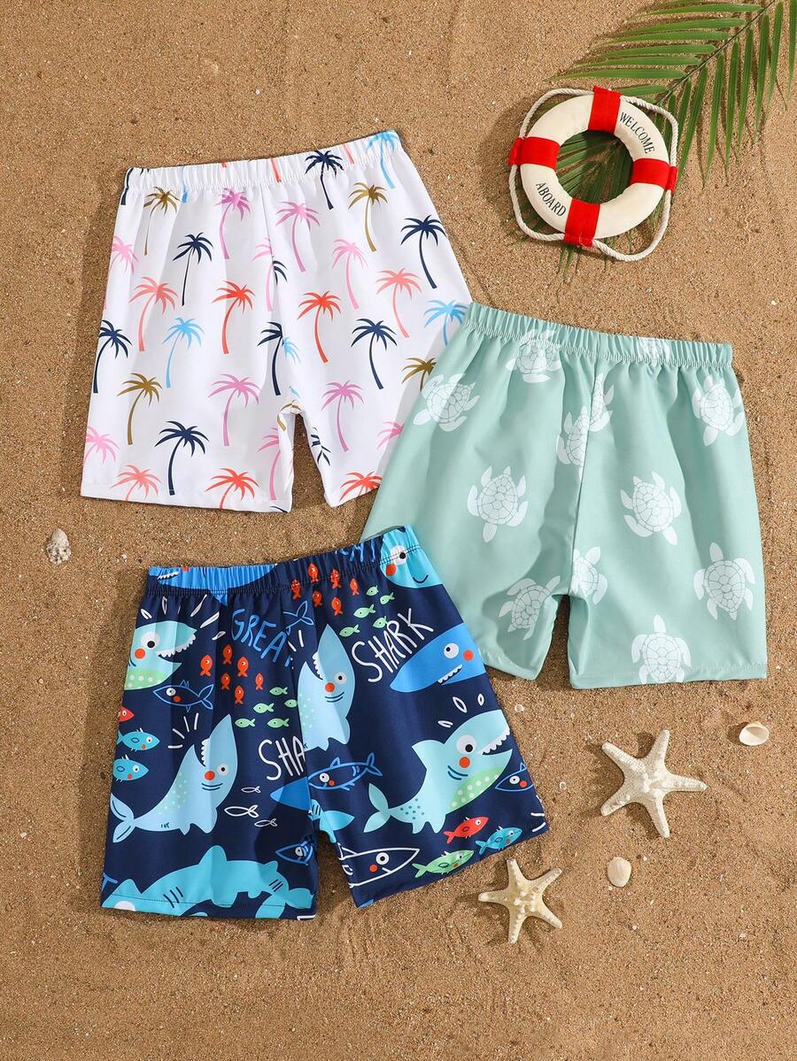 Young Boy 1pcs Solid Color Print Elastic Waist Bow Tie Decor Short Swim Trunks - Multicolor - View 1