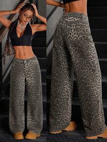 SHEIN Tall Jeans de mujer de pierna ancha y cintura baja con estampado de leopardo lavado de moda - Multicolor - Ver 7