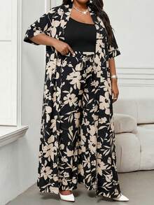 SHEIN Lady Setelan Kimono dan Celana Panjang Lengan Pendek Motif Bunga Ukuran Besar untuk Wanita (2 Potong) - Hitam dan Putih - View 6