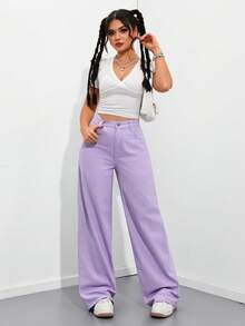 Rivivi Calça Jeans Casual de Cintura Alta, Corte Solto, Cor Sólida, com Bolso Diagonal - Roxo - Visão 6