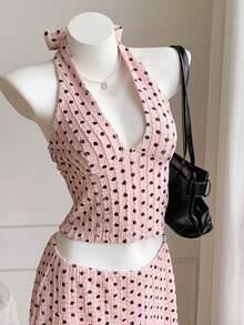 Comfortcana Women's 1960s Cute Vintage Pink And Black Polka Dot Summer Vacation 2-Piece Set,Textured Ruched Halter Neck Tie Waist Top And Skirt,Beach Vacation - Pink - View 4