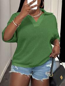 Slaydiva Loose Fit Solid Color V-Neck Drop Shoulder Hollow Out Knit Casual Blouse For Plus Size Women, Spring/Summer - Green - View 8