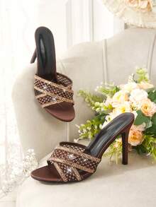 CUCCOO HITCHD Women's High-Heeled Sandals, Gold Mesh Rhinestone Trim Stiletto Muller Drag, Cross-Strapped Sequined Sandals, Dinner Date Temperament High-Heeled Slippers - Brown - View 1