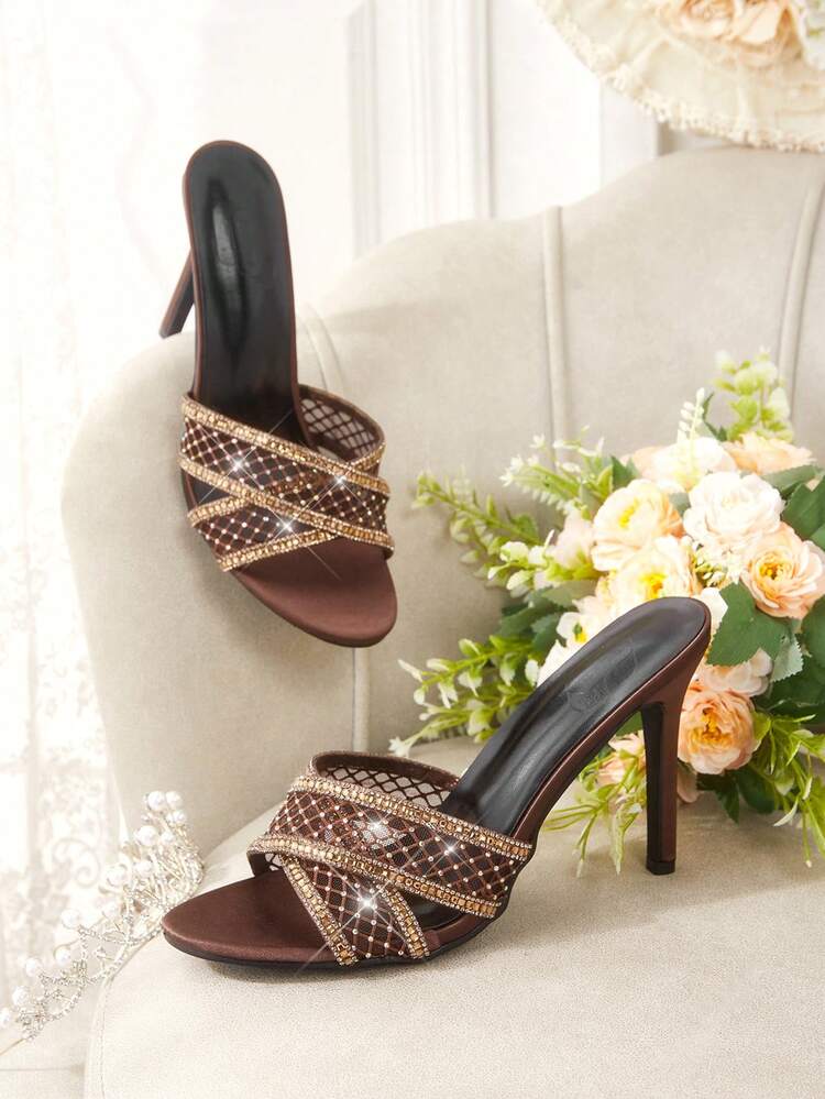 CUCCOO HITCHD Women's High-Heeled Sandals, Gold Mesh Rhinestone Trim Stiletto Muller Drag, Cross-Strapped Sequined Sandals, Dinner Date Temperament High-Heeled Slippers