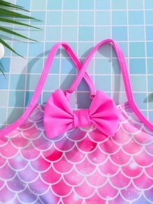 SHEIN Young Girl Mermaid Scale Print Bow Decor Bikini Set Holiday Beach Summer Cute - Pink - View 4