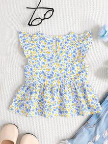 SHEIN Young Girl Ditsy Floral V-Neck Ruffle Casual Blouse - Blue - View 2