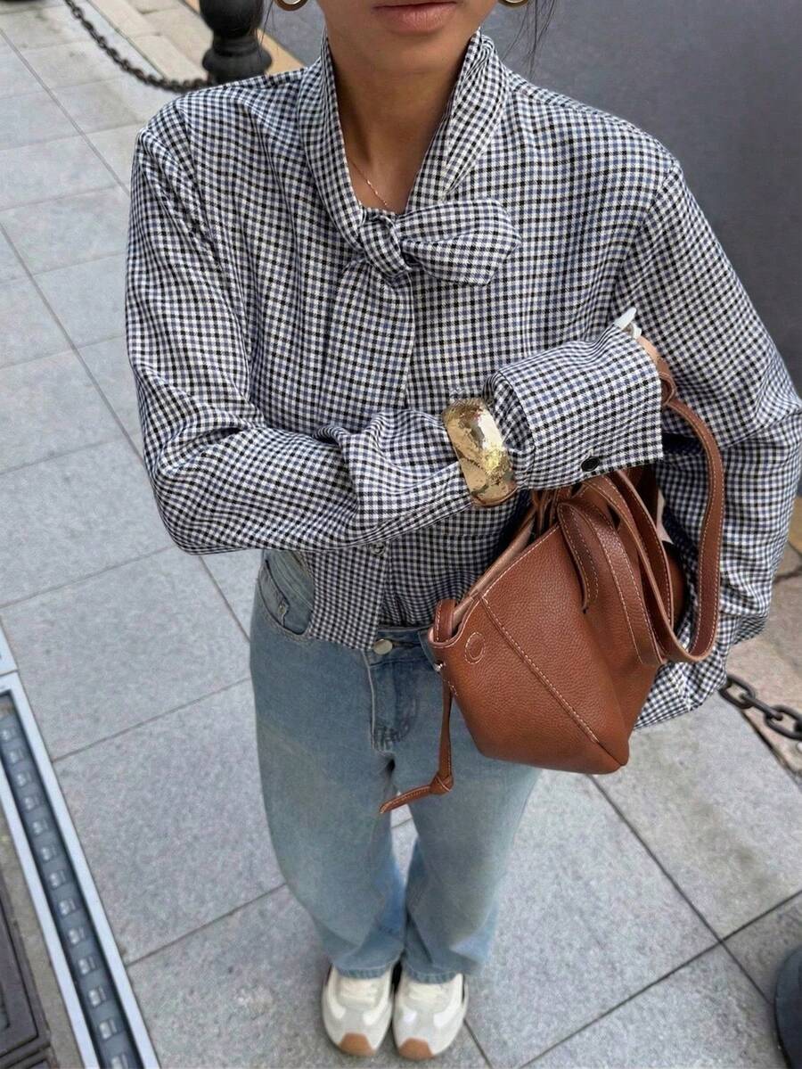 Elyressa Women's Casual Plaid Tie Collar Blouse, Spring/Autumn - Blue and White - View 1