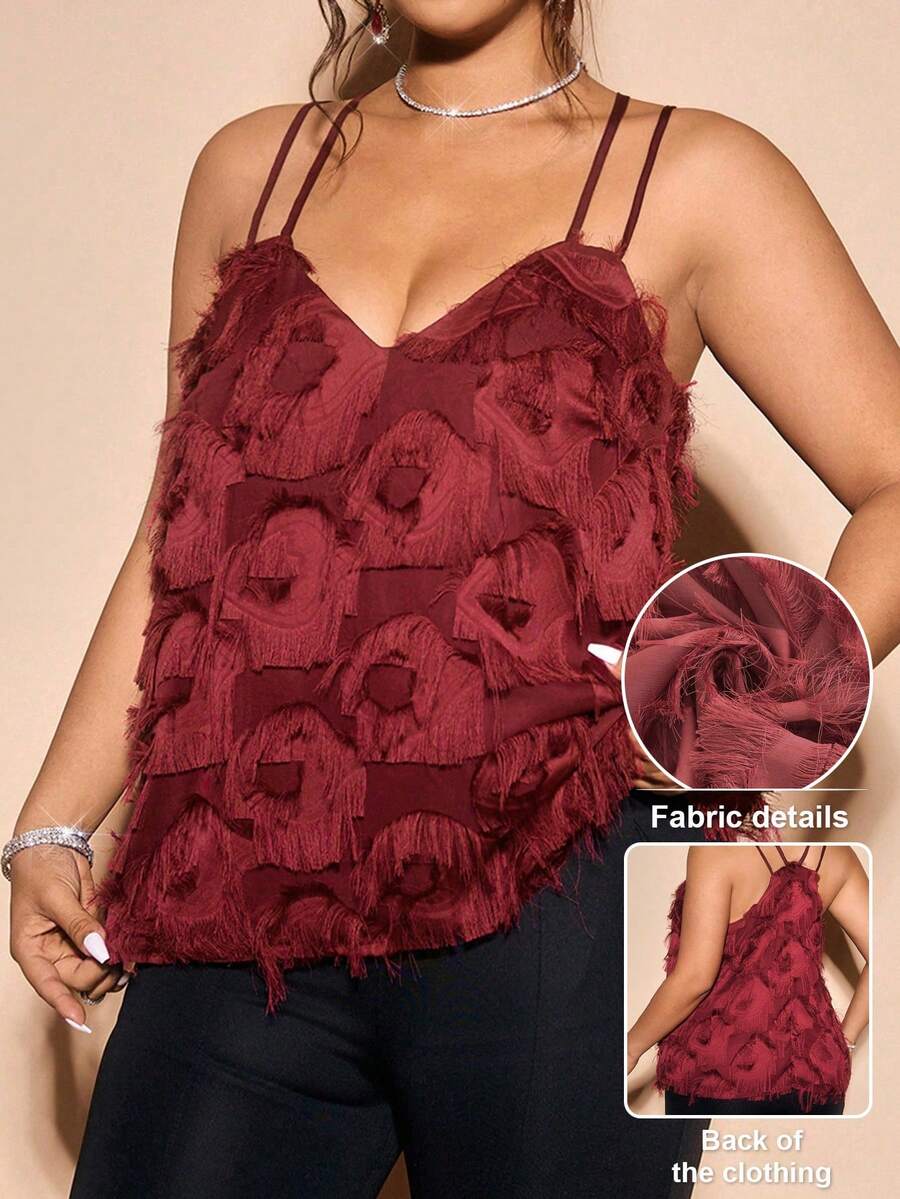 Cravure Plus Size Women Solid Color Fringe Lining Camisole Party Tops For Women Plus Size Tank Tops Camis Plus Size Tops For Women - Burgundy - View 1