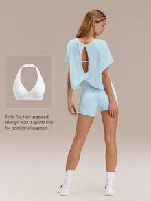 GLOWMODE 莫代尔超大款短袖T恤，后背镂空设计，适合低强度瑜伽、普拉提、日常休闲穿着 - 淺藍色 - 查看 6